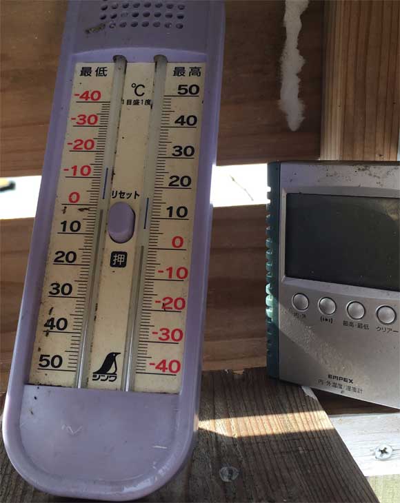 アナログ温度計とダウンしたデジタル温度計
